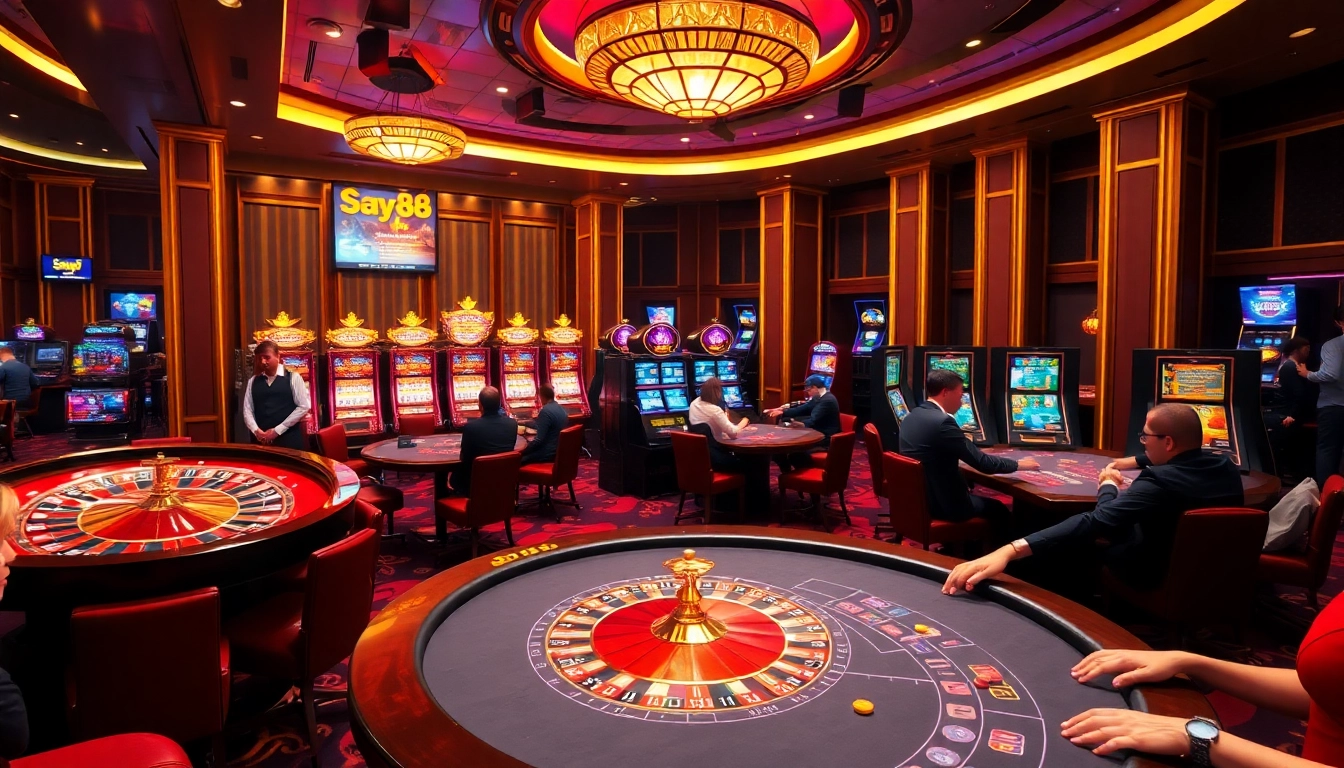 Busy gaming scene at Say88 casino showing players at roulette and poker tables.