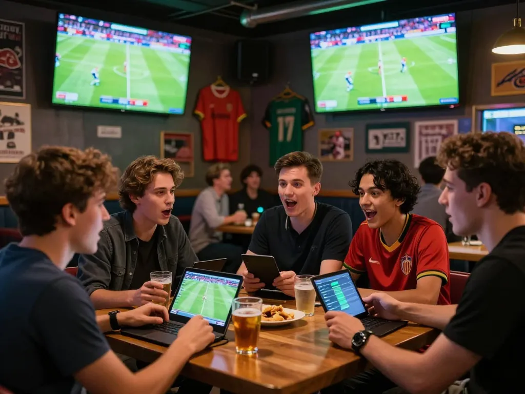 Friends engaging in keo nha cai betting at a vibrant sports bar.