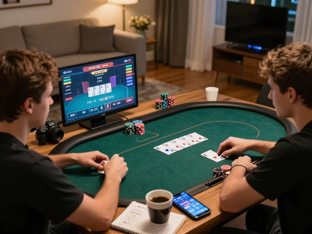 Engaged player strategizing in an online poker game while using nhacaiuytinn for gambling insights