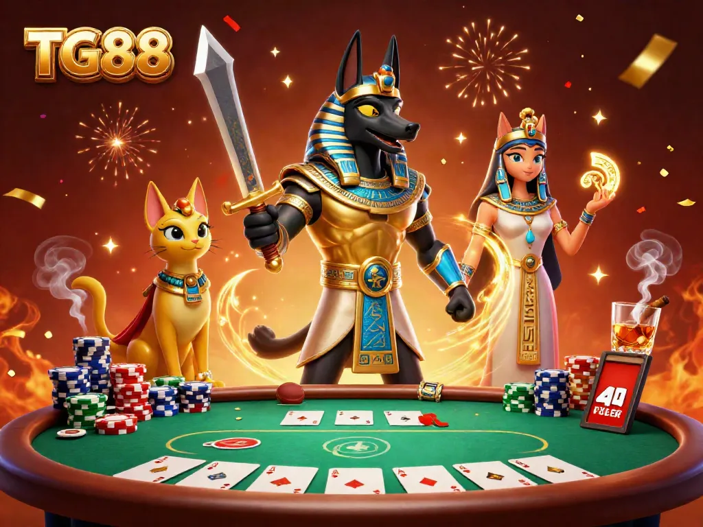 Experience thrilling poker action with TG88, featuring Anubis and Bastet in a dynamic casino scene.
