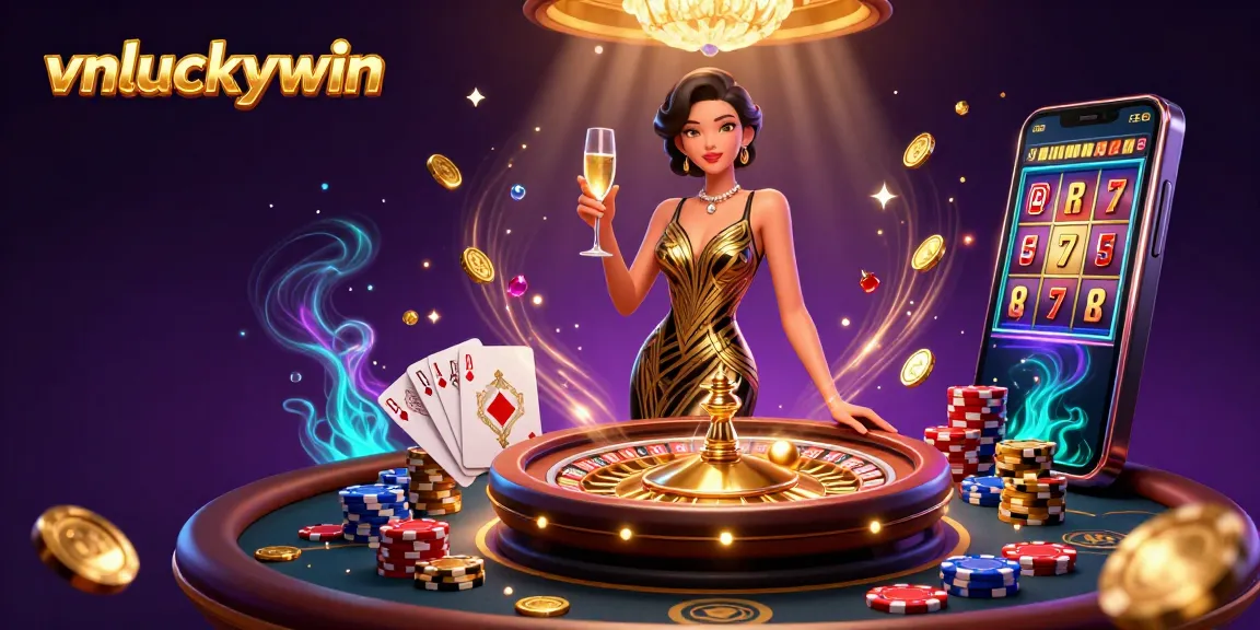 Experience excitement at vnluckywin with vibrant casino games, spinning reels, and glamorous players.