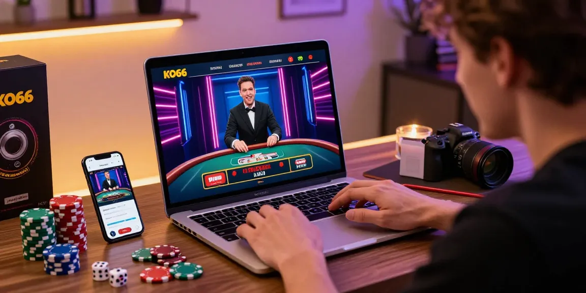 Engaged user betting on KO66's dynamic online casino platform with live dealer, gaming props, and vibrant ambiance.