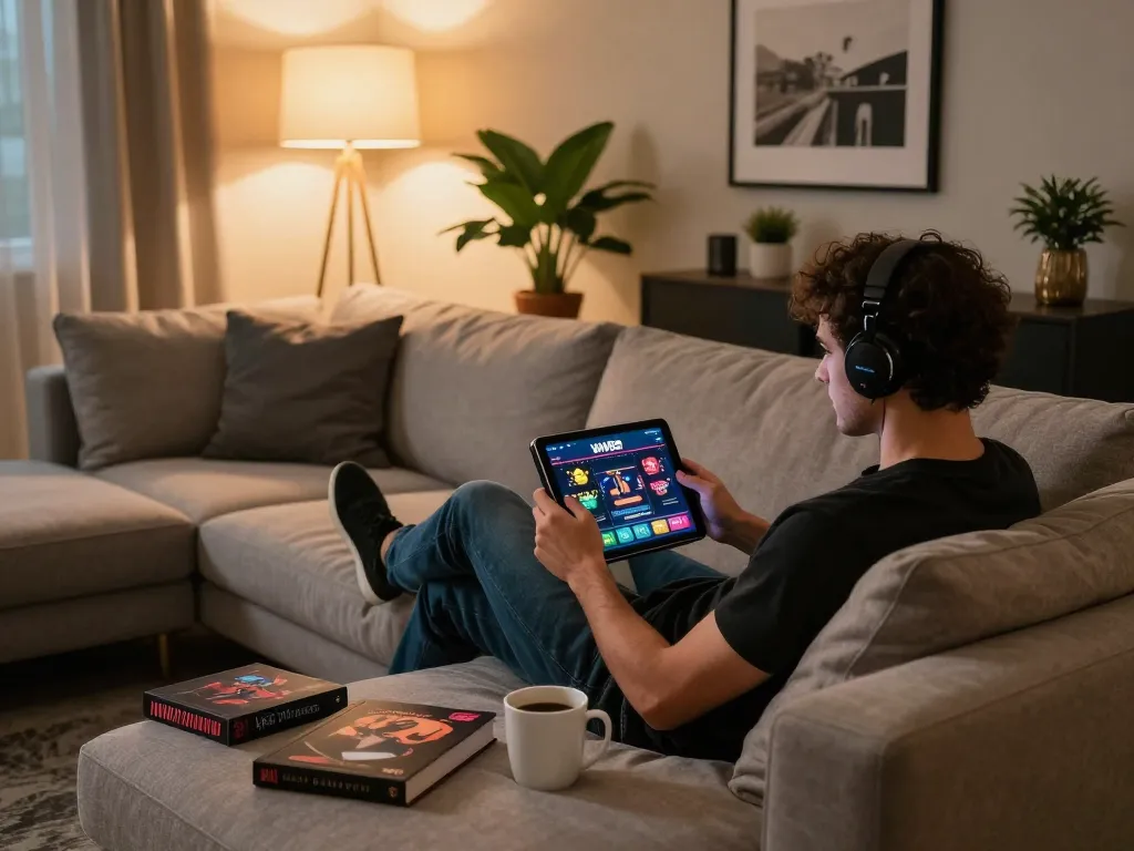 Player using a tablet for WW88AW online casino gaming in a cozy living room setting