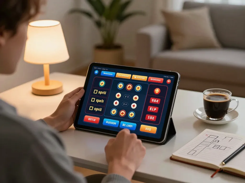 Players engaging in GO8 online casino gaming, showcasing a tablet and strategic notes in a cozy home setting.