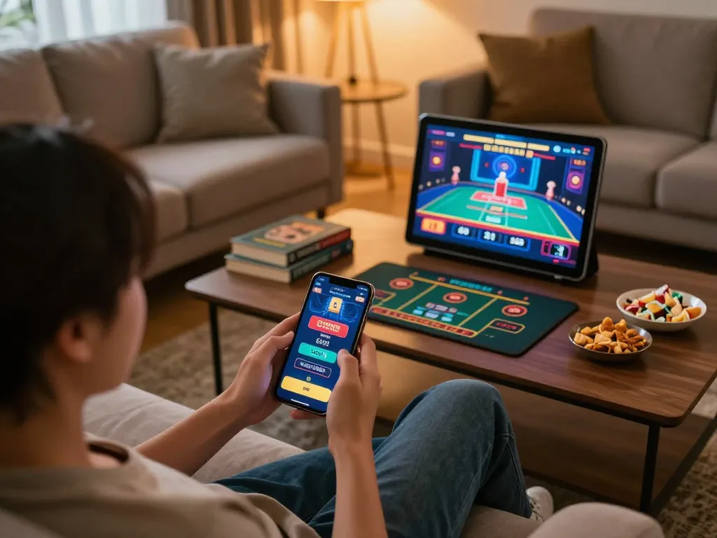 Engaging with SC88 casino app on smartphone during cozy home gaming setup.