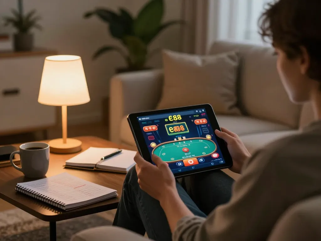 Engaged player accessing ee88 on tablet for online gambling, showcasing a cozy home setup.