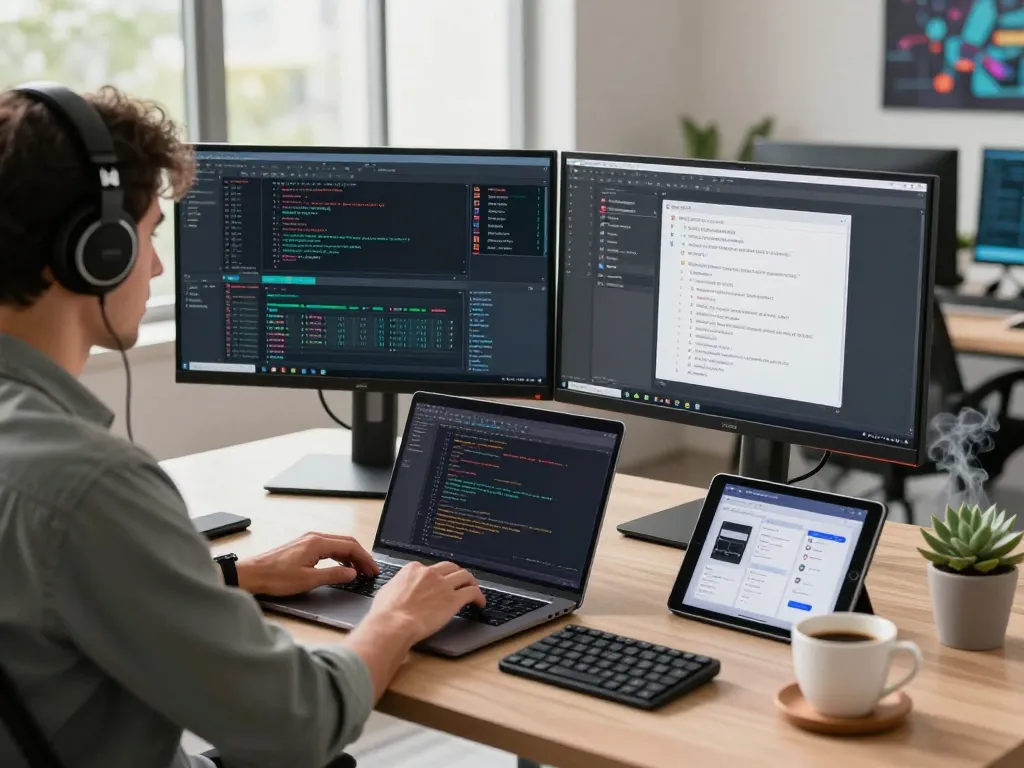 openclawd software developer coding in a modern tech workspace with monitors and coffee