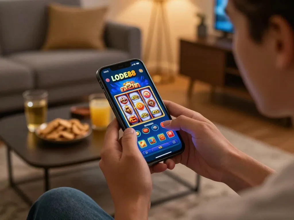 Enjoying LODE88 mobile gaming with dynamic slot reels, creating a cozy home atmosphere.