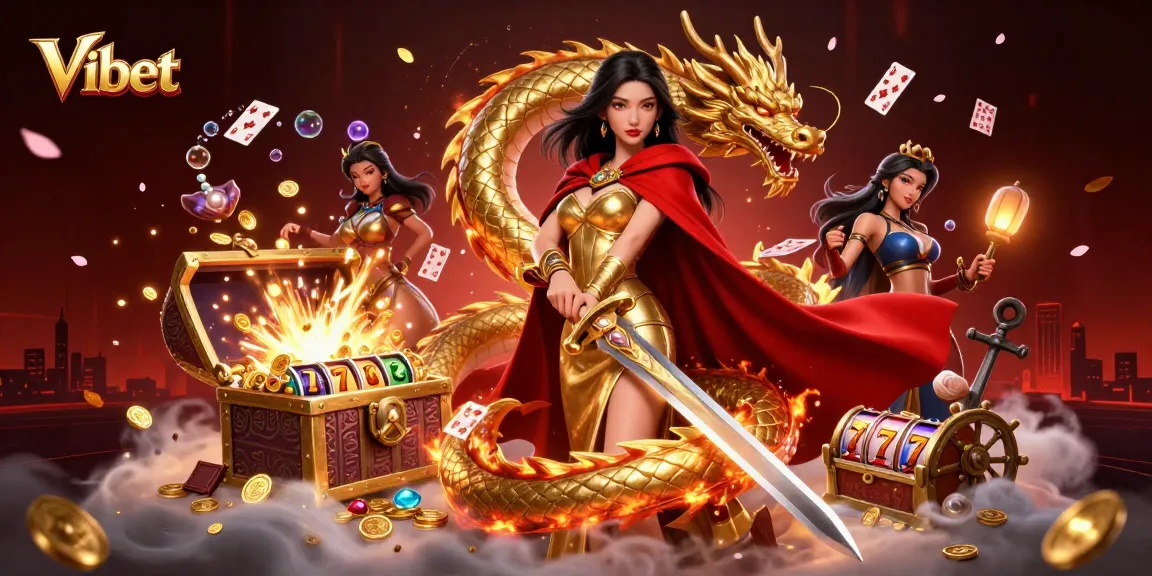 Engage in thrilling gaming action with Vibet, featuring a warrior queen and vibrant casino elements.