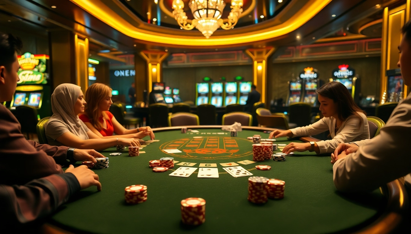 Experience the thrill at trang chủ NK88 with players enjoying blackjack at a luxurious casino table surrounded by vibrant gambling props.