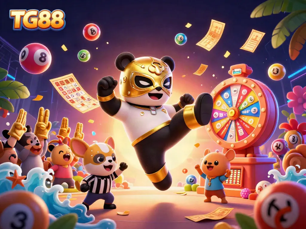 Action-packed TG88 illustration showcasing a panda wrestler in a kick with colorful lottery balls and casino elements.