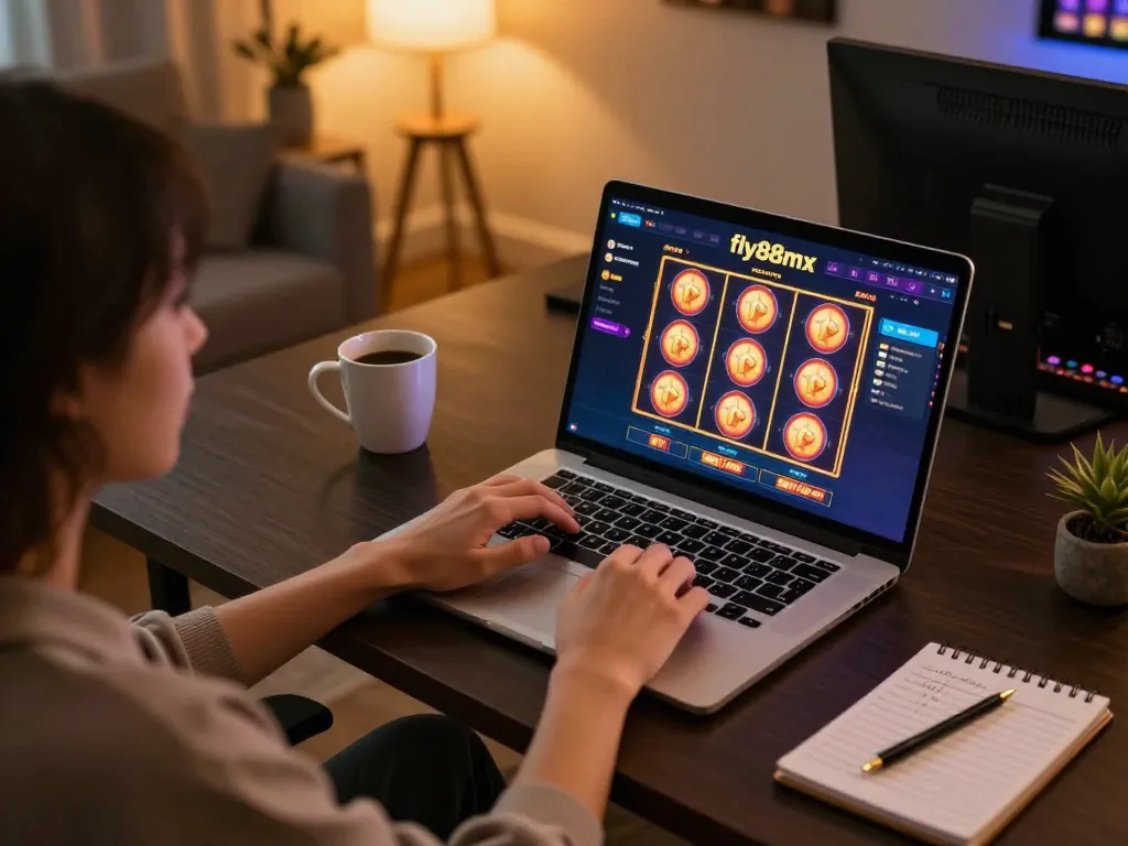Person engaging with fly88mx online casino interface at home, showcasing strategic gameplay.