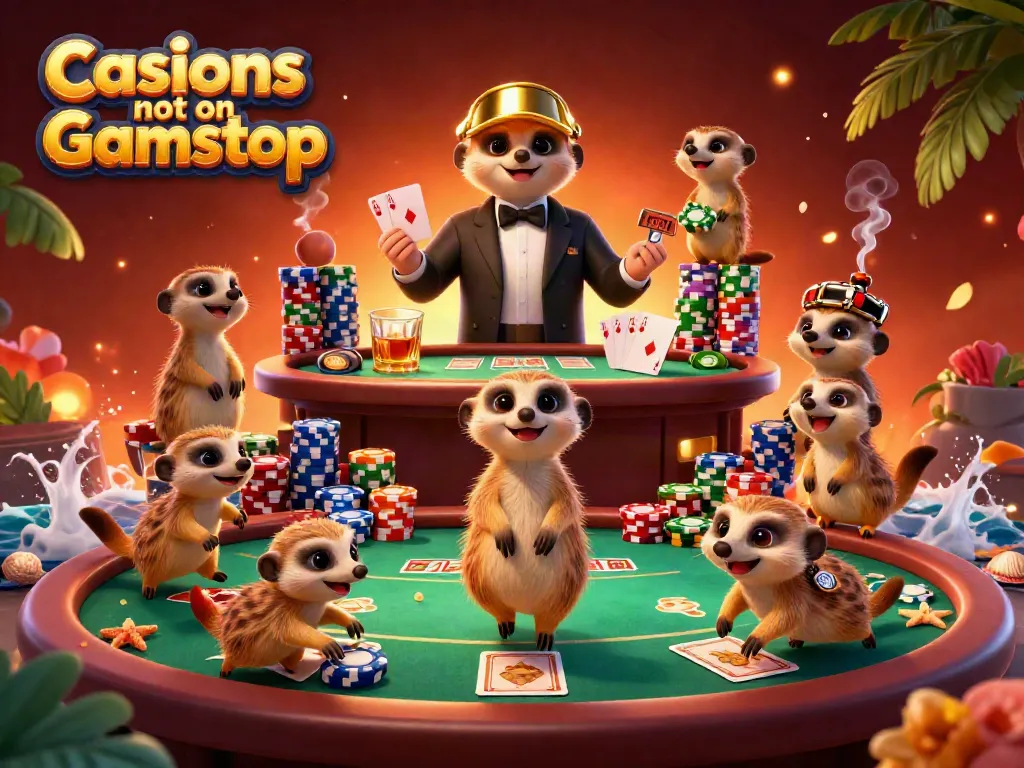 Engaging scene of Casinos not on Gamstop featuring meerkats operating a vibrant casino.