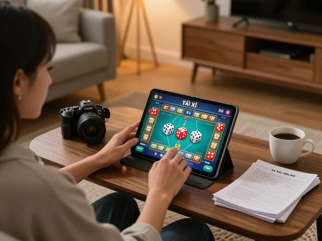 Tài xỉu online uy tín gameplay on a tablet in a cozy home setting, capturing strategic betting moments.