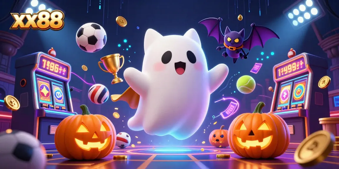 Engage with xx88's thrilling atmosphere featuring a playful ghost cat and vibrant gambling elements.