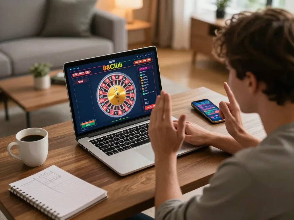 Player celebrating a win on the 88Club live roulette game during an online session at home.
