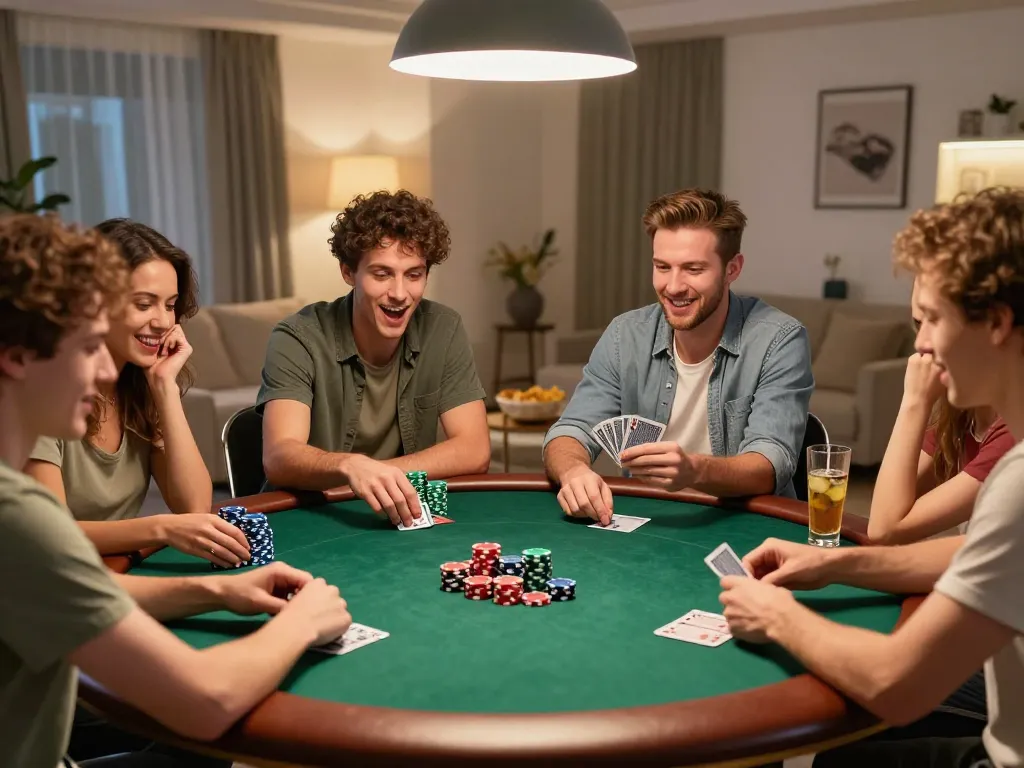 Enjoying a lively home poker game with friends while placing bets at vin88.
