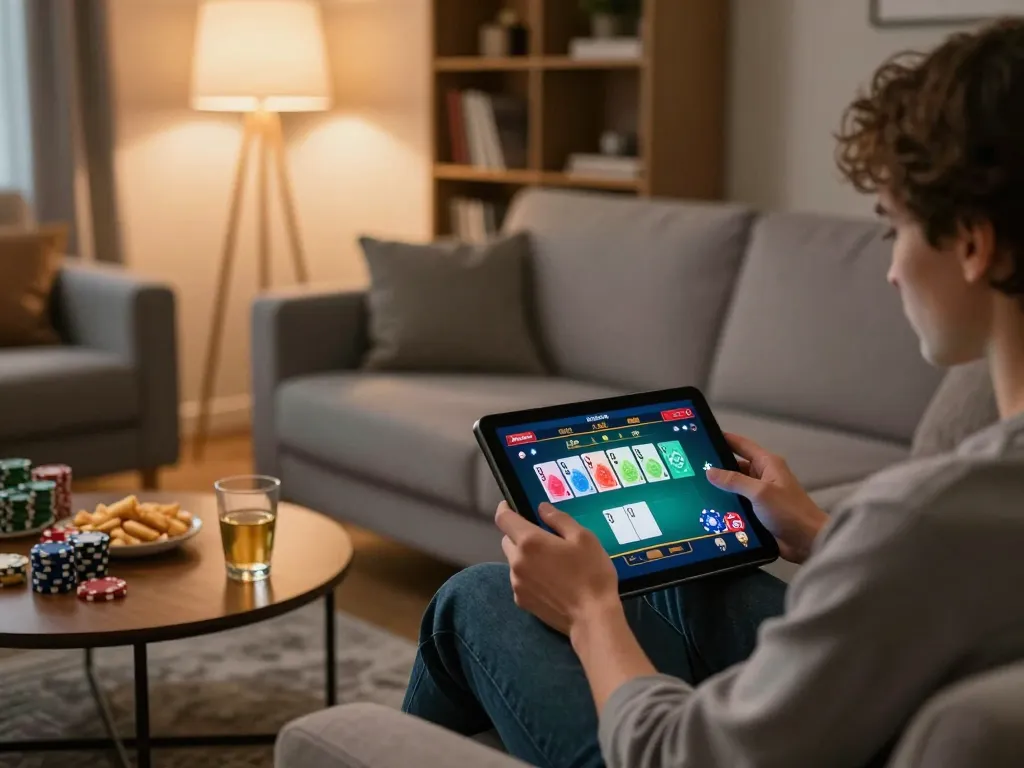 Engaging in an online onbet poker game at home with tablets and snacks.