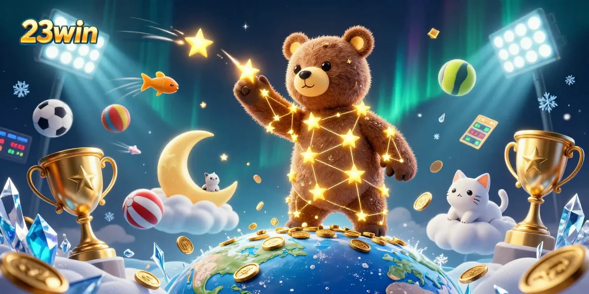 Engage with the vibrant world of 23win, where a constellation bear interacts with sports elements in an exciting casino atmosphere.