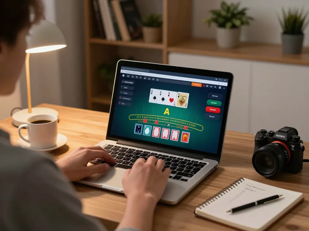 Player enjoying blackjack online at home on onbet with personalized gaming setup and warm lighting.