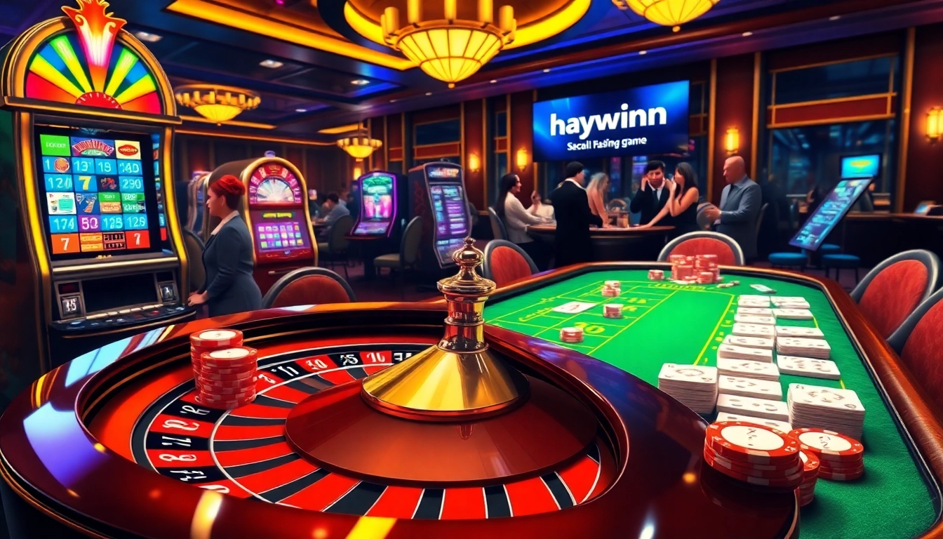Experience the thrill of gambling at Haywin Casino, with slot machines and poker cards.