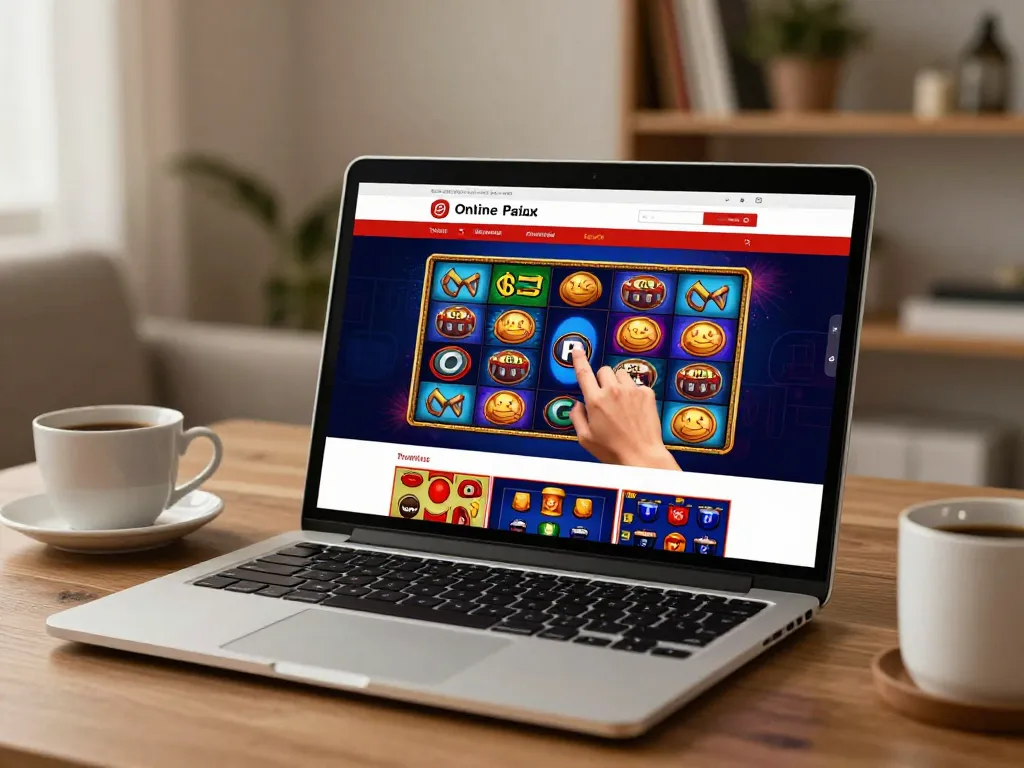 Engaged player interacting with vibrant RR88 online casino games on a laptop.