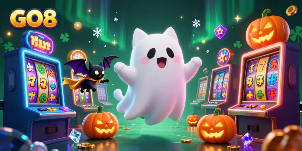 Engage in thrilling fun at GO8 casino featuring a ghost cat and vampire bat in a lively slot environment.
