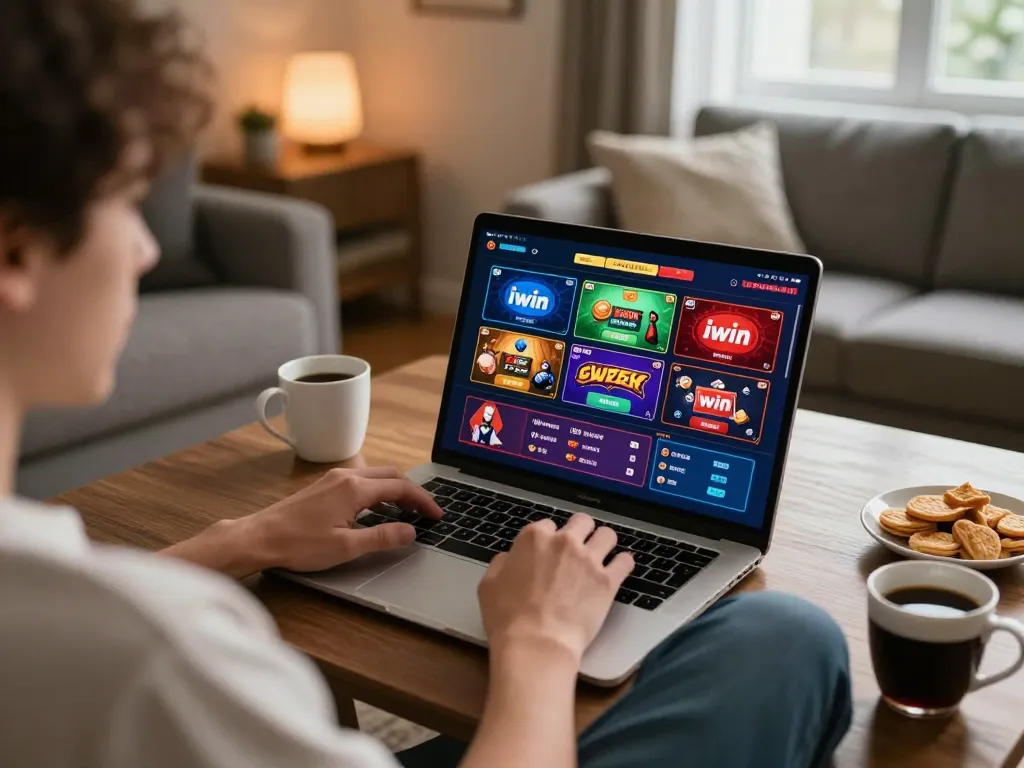 Engaging iwin casino gameplay on laptop in cozy home setting with snacks