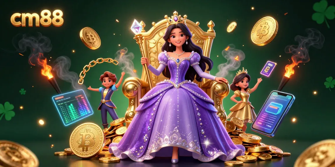 Engage in thrilling gambling experiences at cm88 with a stunning casino princess surrounded by cryptocurrency icons.