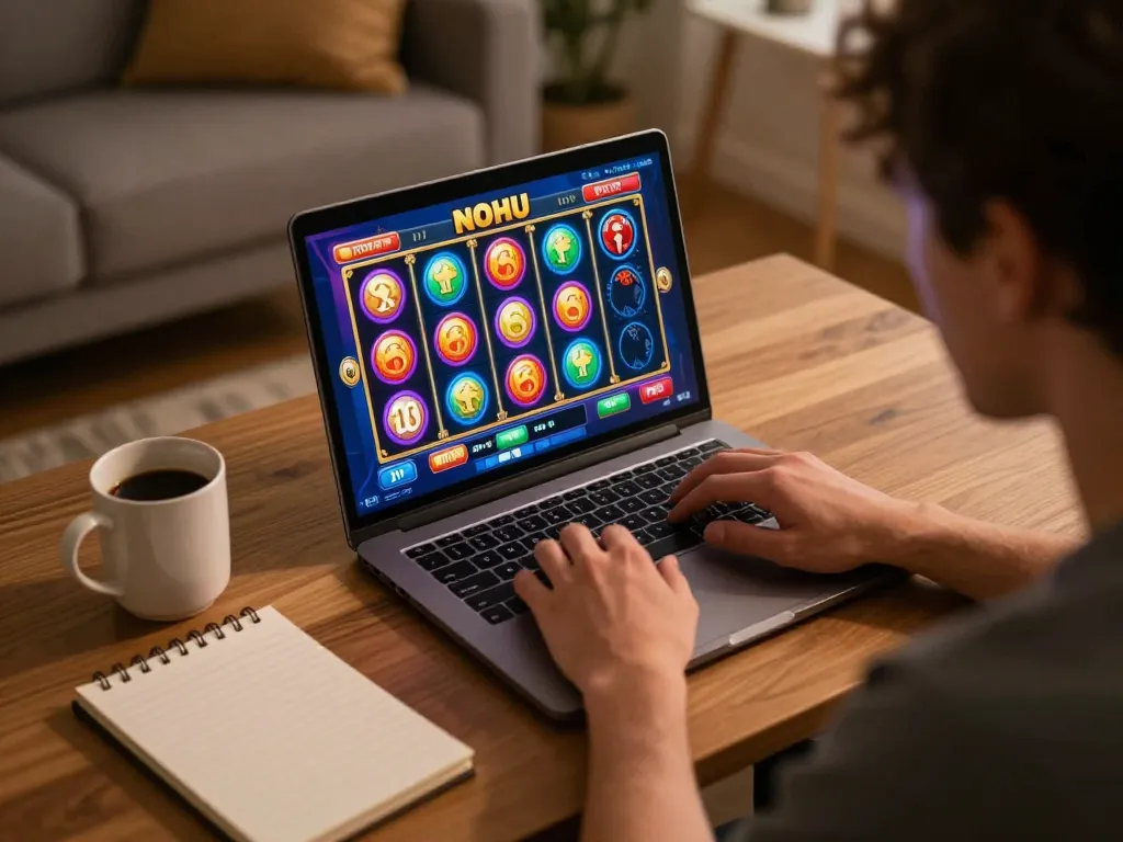 Engaged player enjoying a NOHU slot game online at home, showcasing vibrant screen and cozy atmosphere.