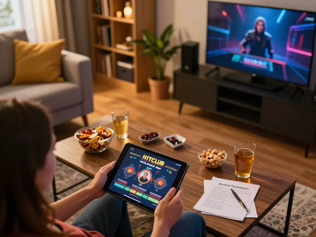 Engaged player navigating HITCLUB online casino on tablet amidst cozy home setup with snacks.