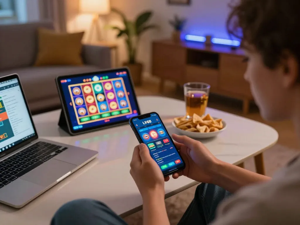 Player engaging with LV88 mobile app for a dynamic casino experience at home