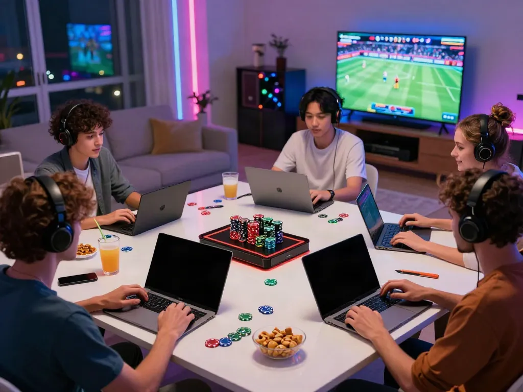 Exciting online gaming scene showcasing diverse individuals enjoying sports betting with five88.