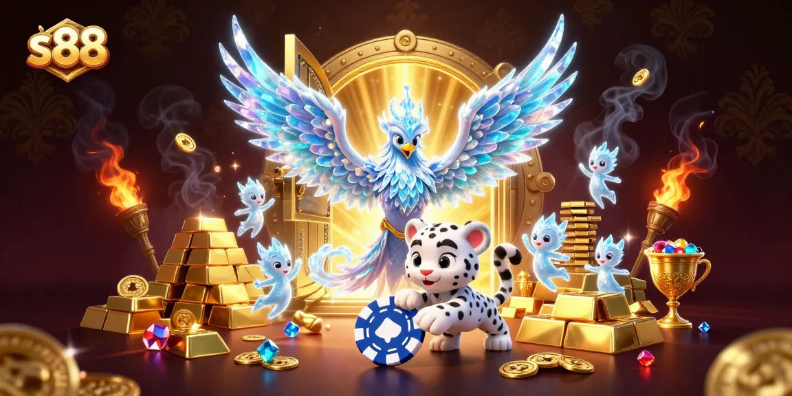 Experience the thrill of the casino with s88's vibrant ice-themed illustration of a phoenix and playful snow leopard.