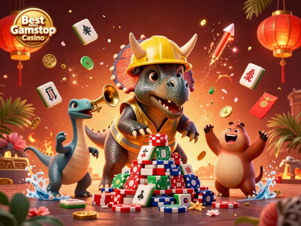 Experience the excitement with the Best non Gamstop Casino, as a triceratops builds a poker chip pyramid.