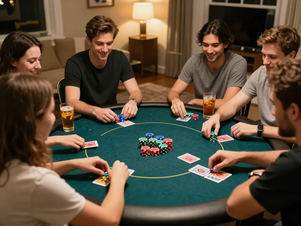 Players engaging in a thrilling Lô Đề game during a lively home poker night.