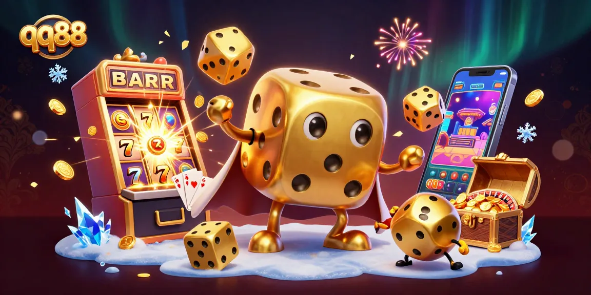 Spin the reels with qq88's captivating 3D casino illustration showcasing vibrant games and golden jackpots.