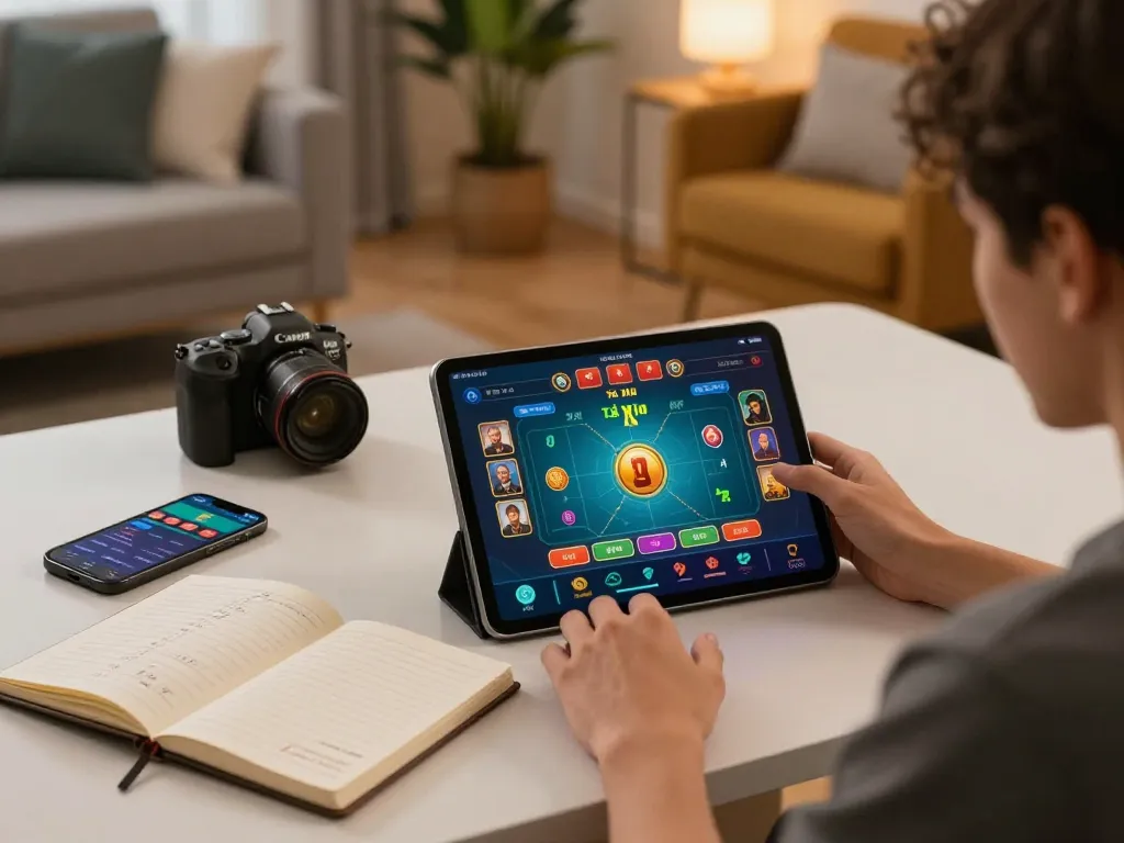 Tài Xỉu Online experience showing player engaged with game app on tablet, emphasizing safe gambling practices at taixiuonline8.