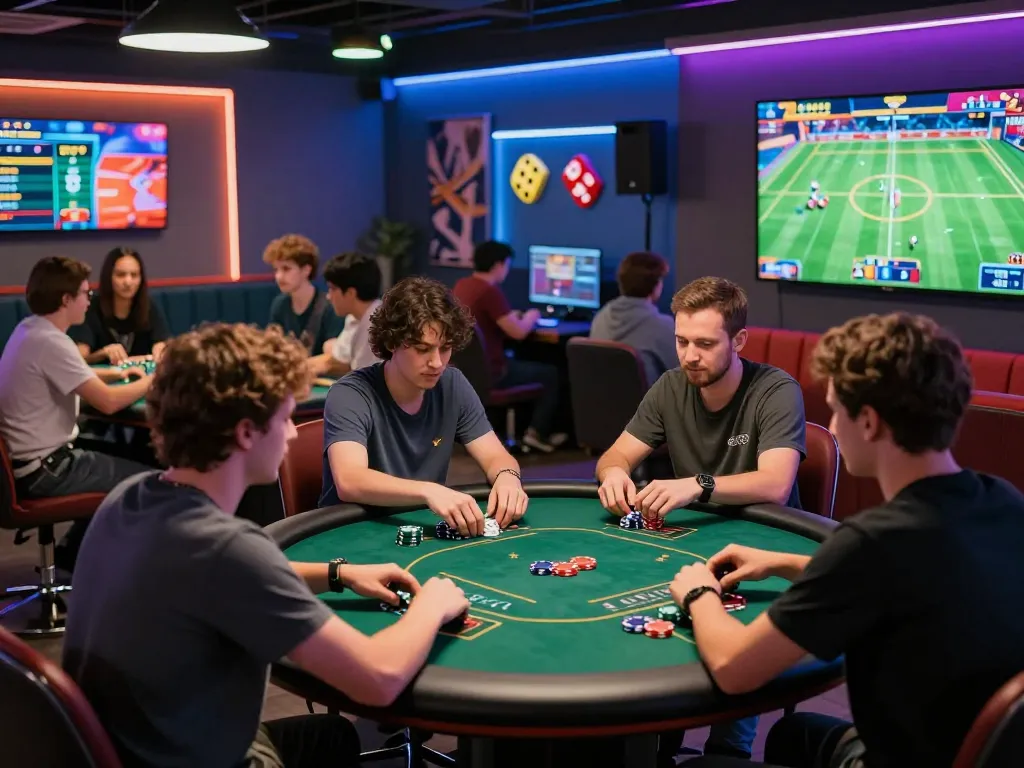Dynamic online gaming environment showcasing nhà cái uy tín da88, with players engaged at poker and sports betting displays in a vibrant hub.