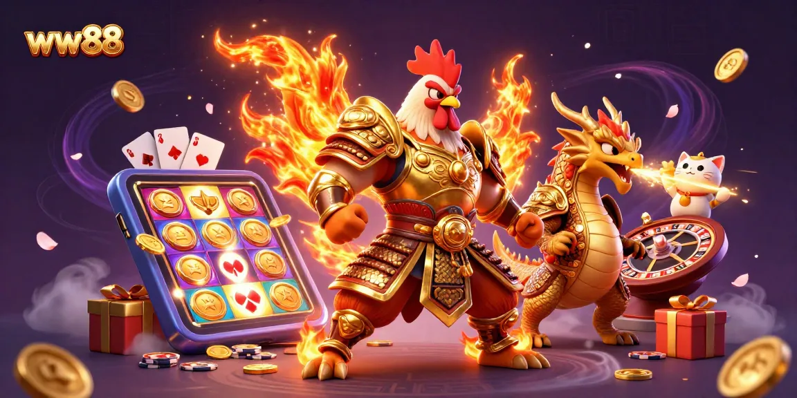 Engage in thrilling WW88 gaming experiences with a fighting rooster and dragon in vibrant 3D.
