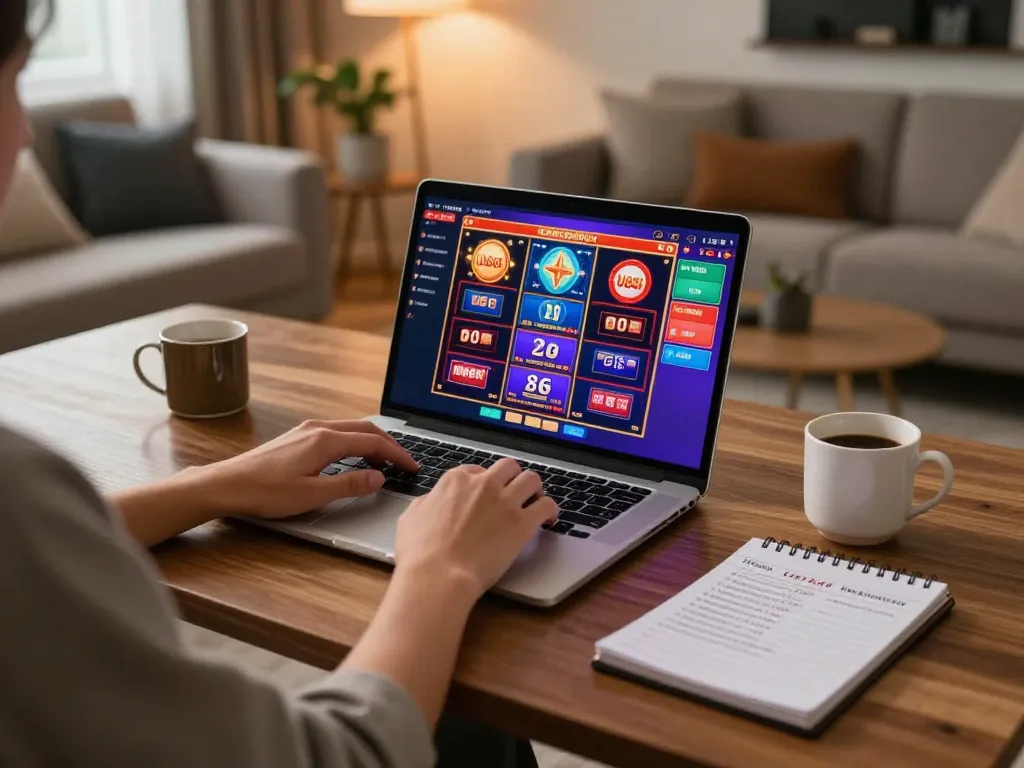 Engaging U888 gaming experience at home with a person using a laptop for online casino.
