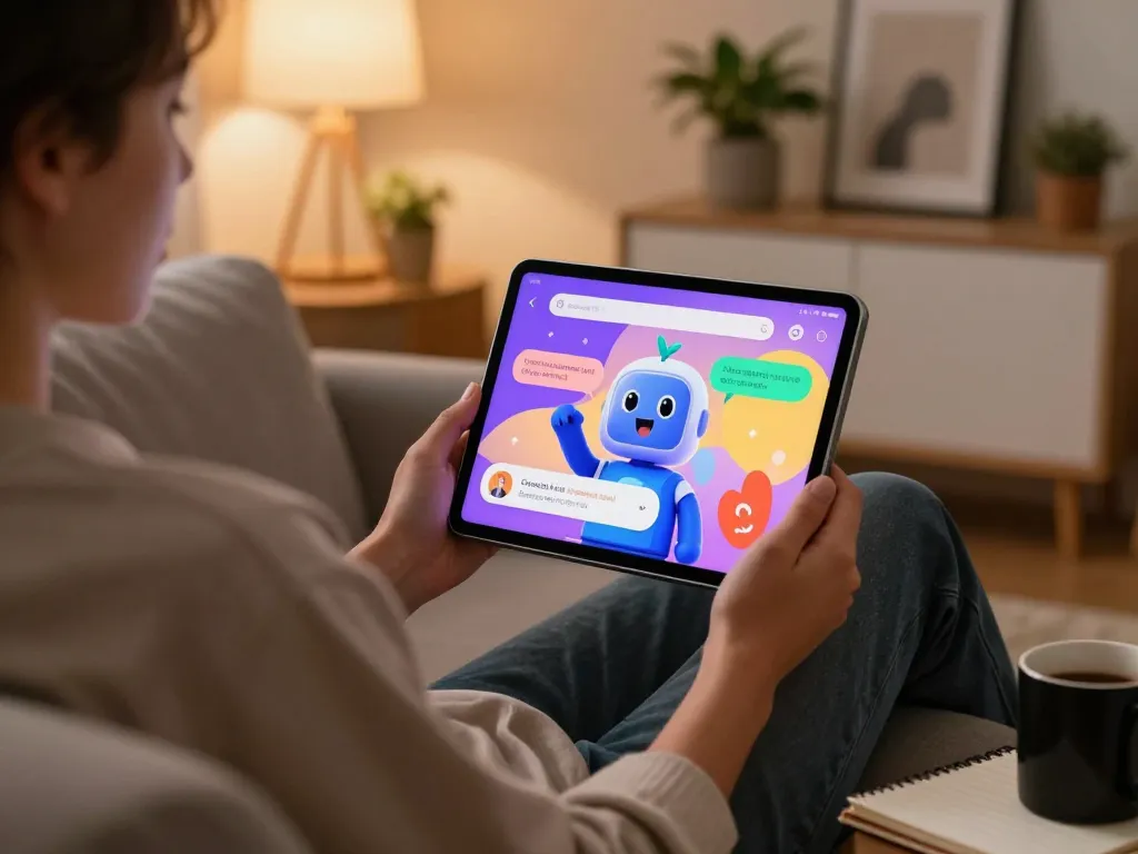 Interactive Crushon AI chat scene featuring a user engaged with a vibrant animated character on a tablet, cozy living room setting.