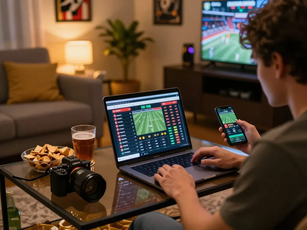Engaging in sports betting with 9BET app on laptop in a cozy home setting