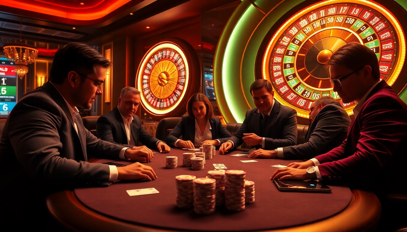 Experience thrilling poker action at https://kjc.football/ with players betting high at a luxurious casino table.
