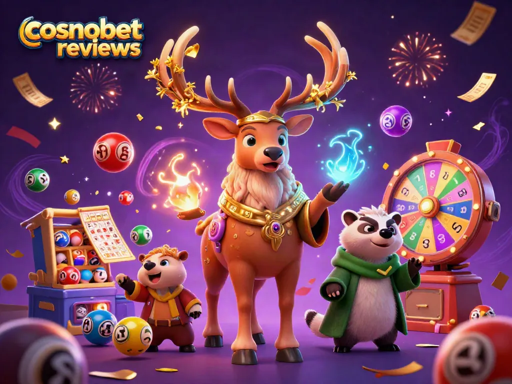 Experience exciting gameplay with cosmobet reviews, featuring colorful lottery elements and festive characters.
