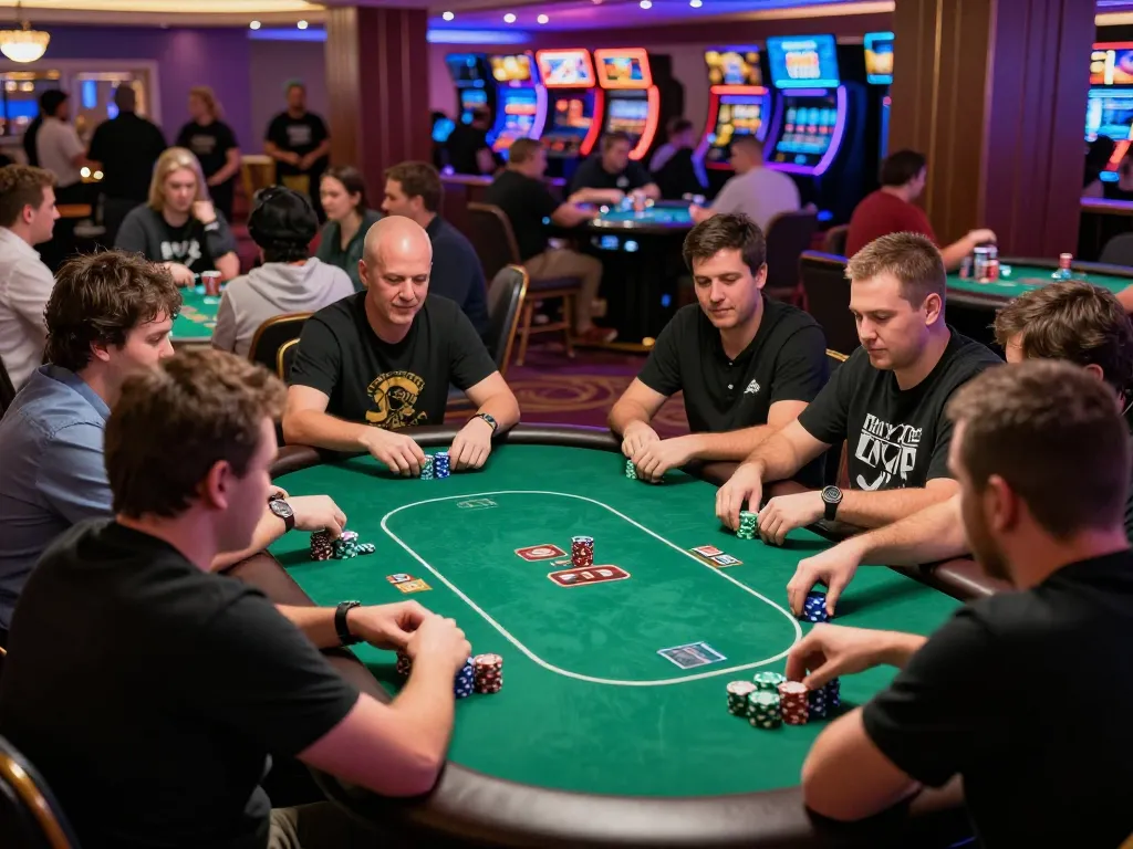 Players in an exciting poker game at a casino, showcasing chips and cards, highlighted by bright lights, 89bet2.