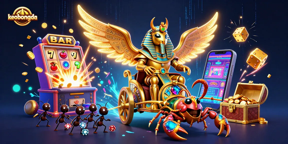 Bet on keobongda with a vivid scene of a scarab beetle and scorpions amidst vibrant casino visuals.