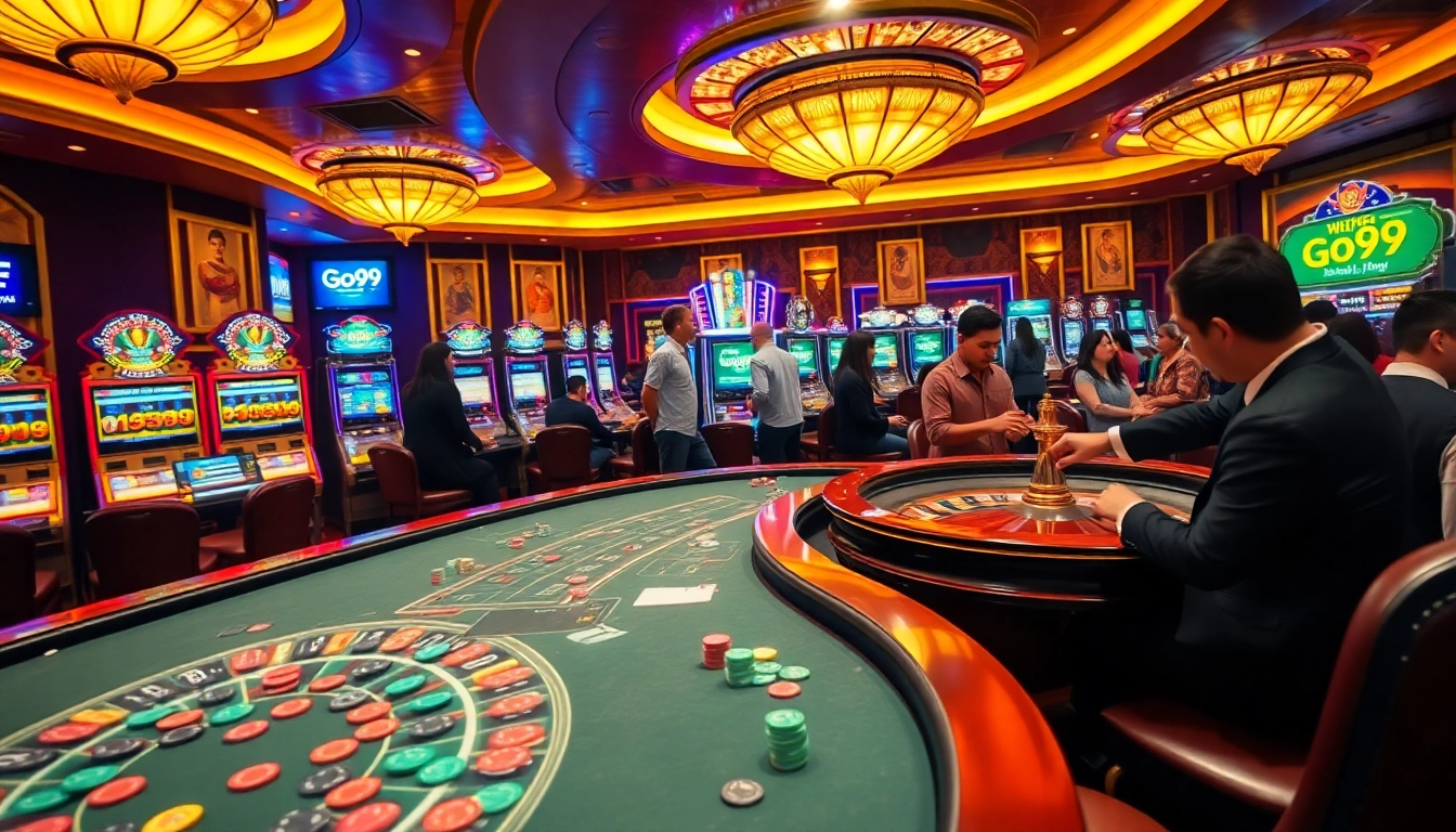Experience the thrill of Go99 at a luxurious casino with vibrant gambling tables.