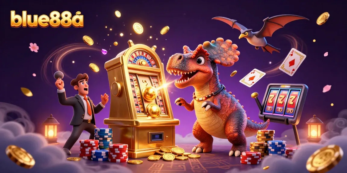 Watch as blue88a's pachycephalosaurus triggers a jackpot, surrounded by cascades of coins and vibrant game elements.
