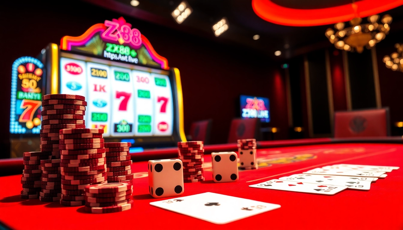 Experience thrilling gameplay at https://zx88.live/ with vibrant casino elements like cards, chips, and dice.